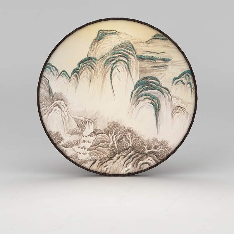 中式山川圆盘陶瓷摆件3D模型