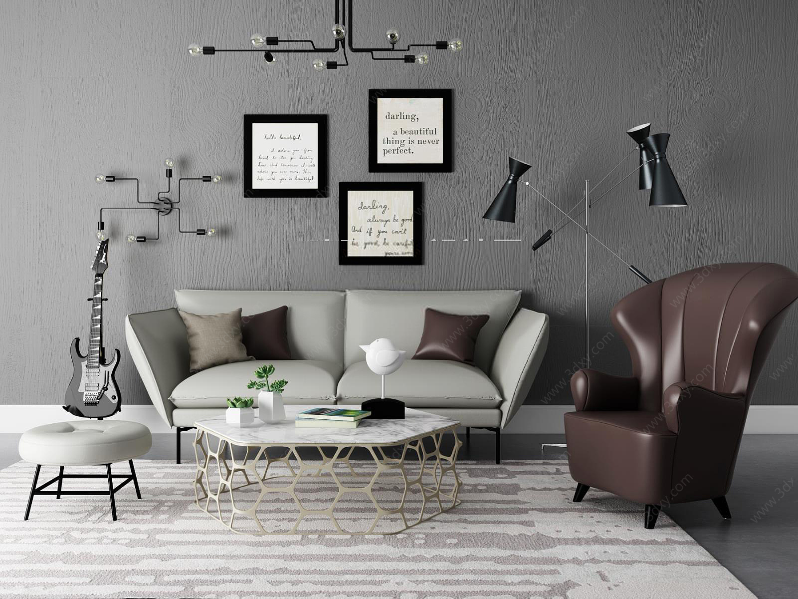 时尚咖啡色皮沙发椅浅灰色双人沙发茶几组合3D模型