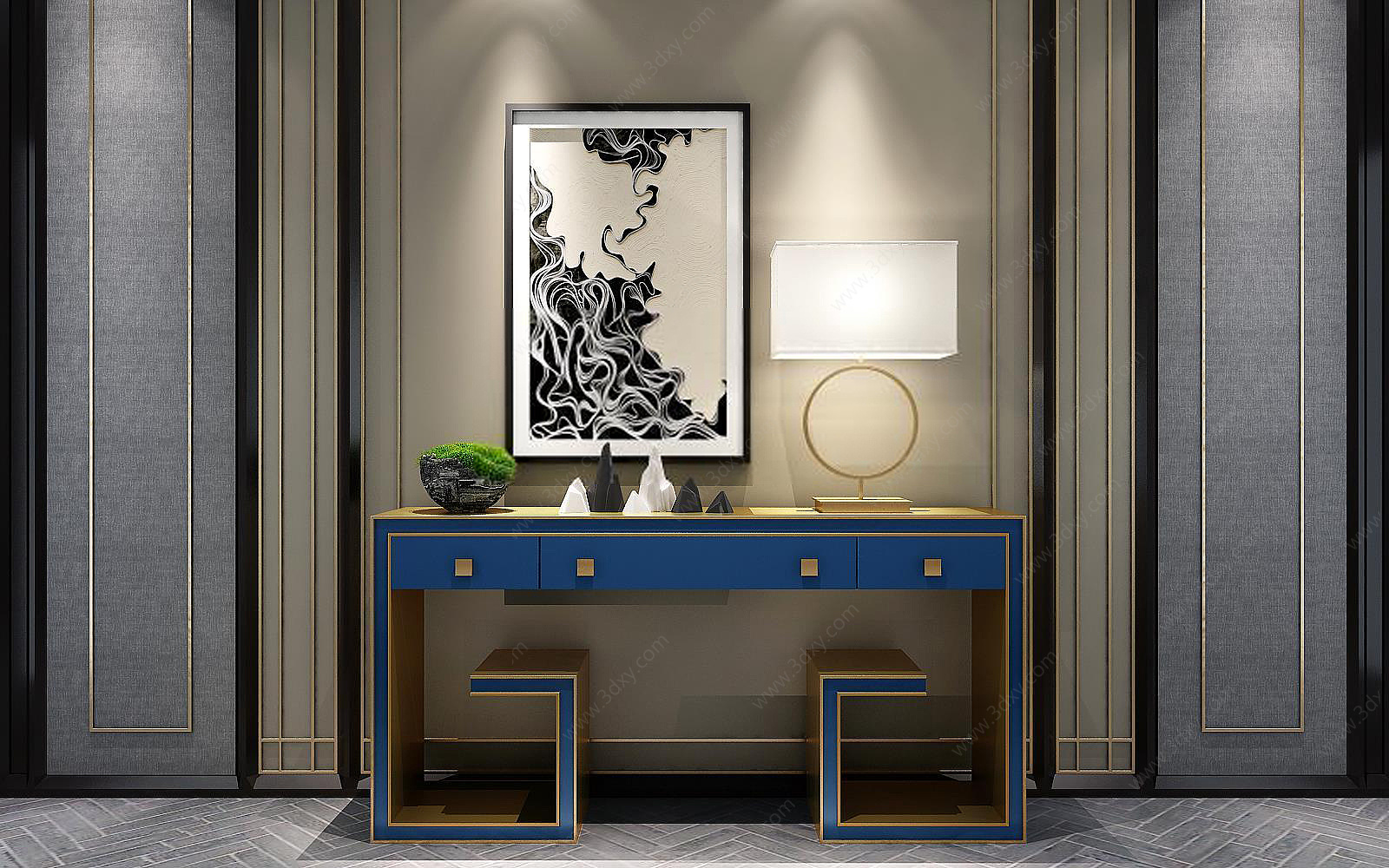 新中式古典蓝色实木边桌背景墙组合3D模型