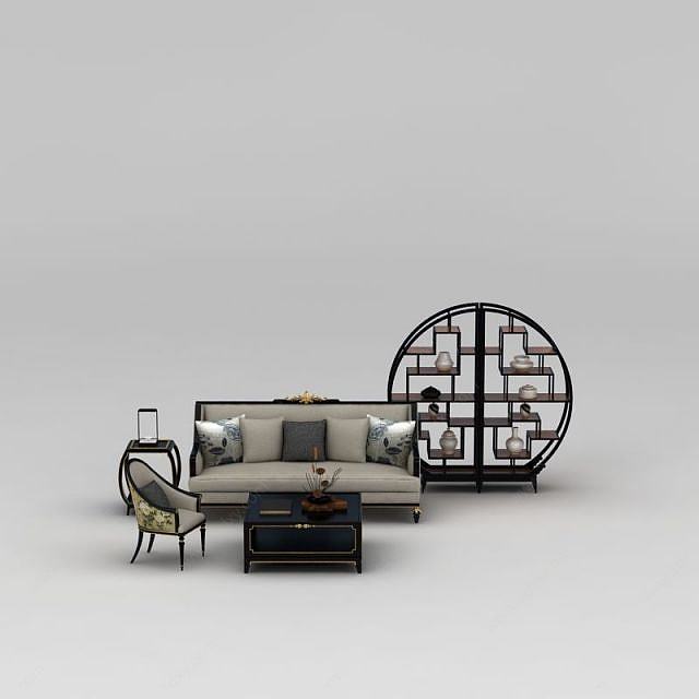 中式客厅沙发椅子组合3D模型