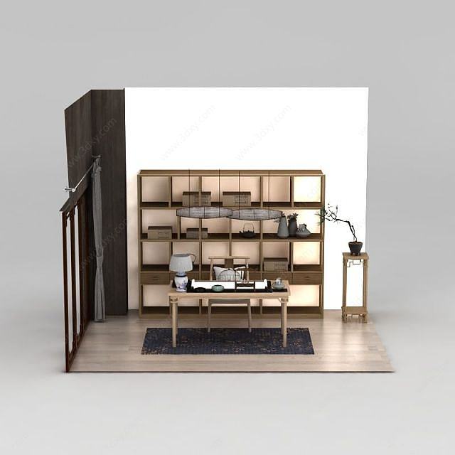 中式书房家具组合3D模型