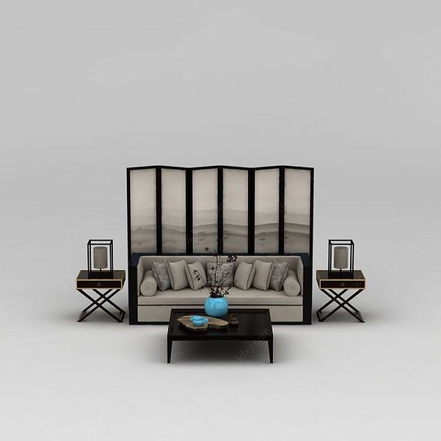 新中式客厅沙发陈设品组合3D模型