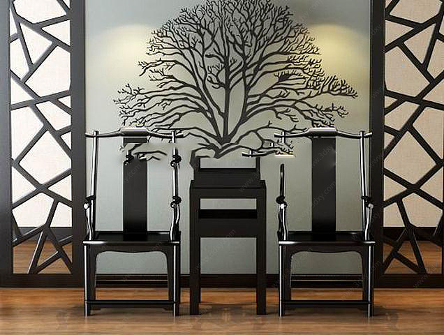 中式实木椅子边几背景墙组合3D模型