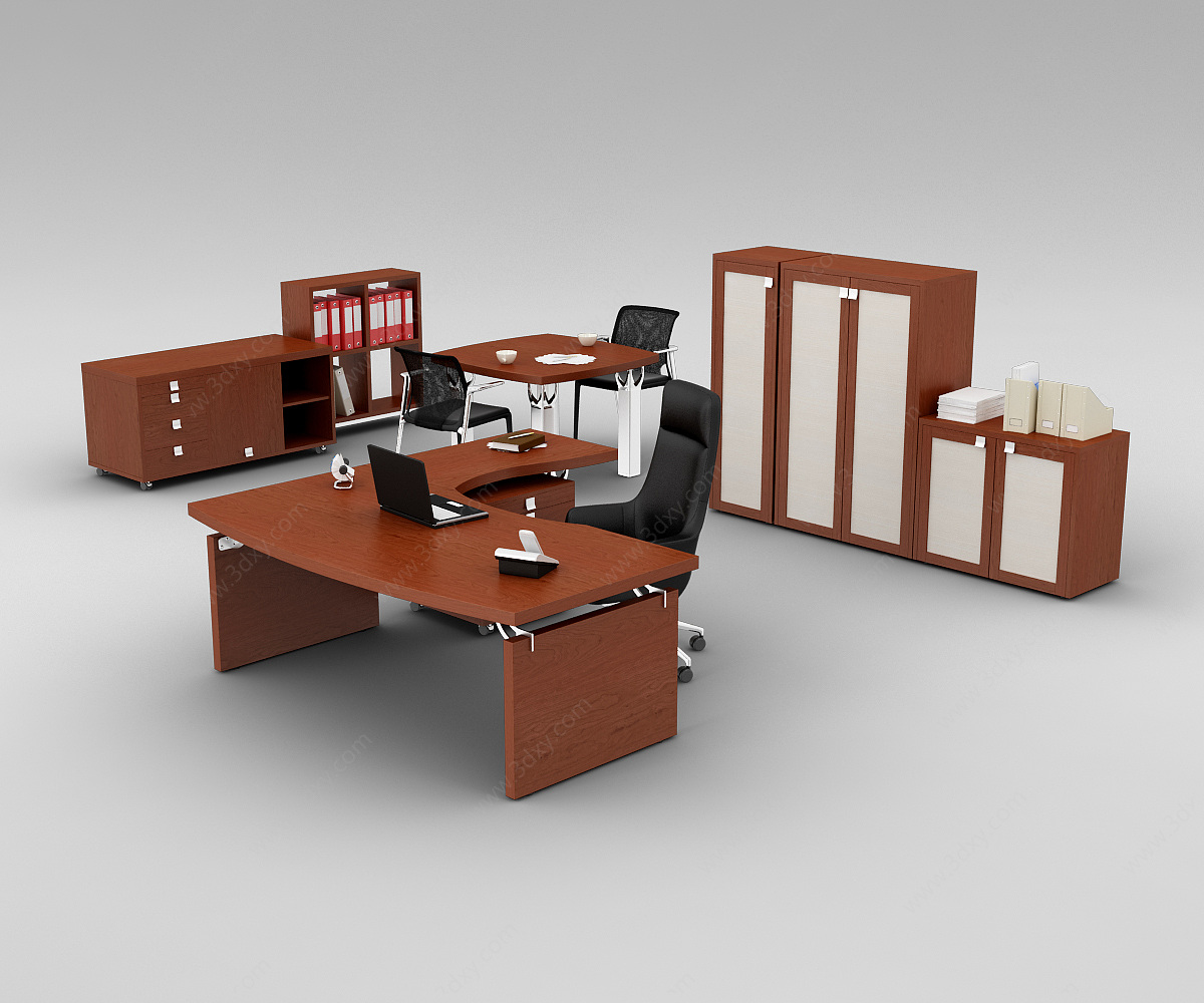 中式办公室实木桌椅家具组合3D模型