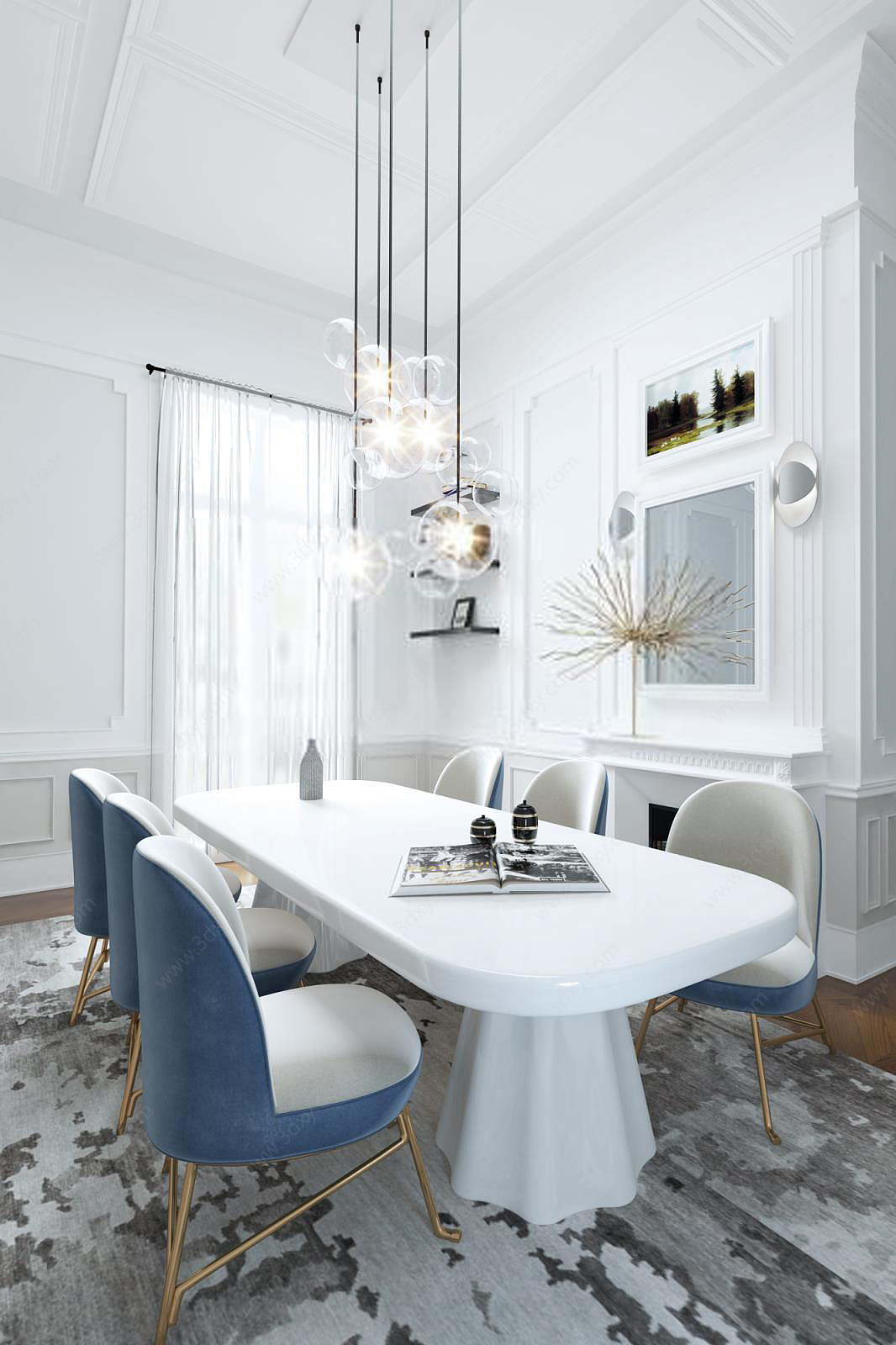 现代时尚蓝白拼色餐桌椅组合3D模型