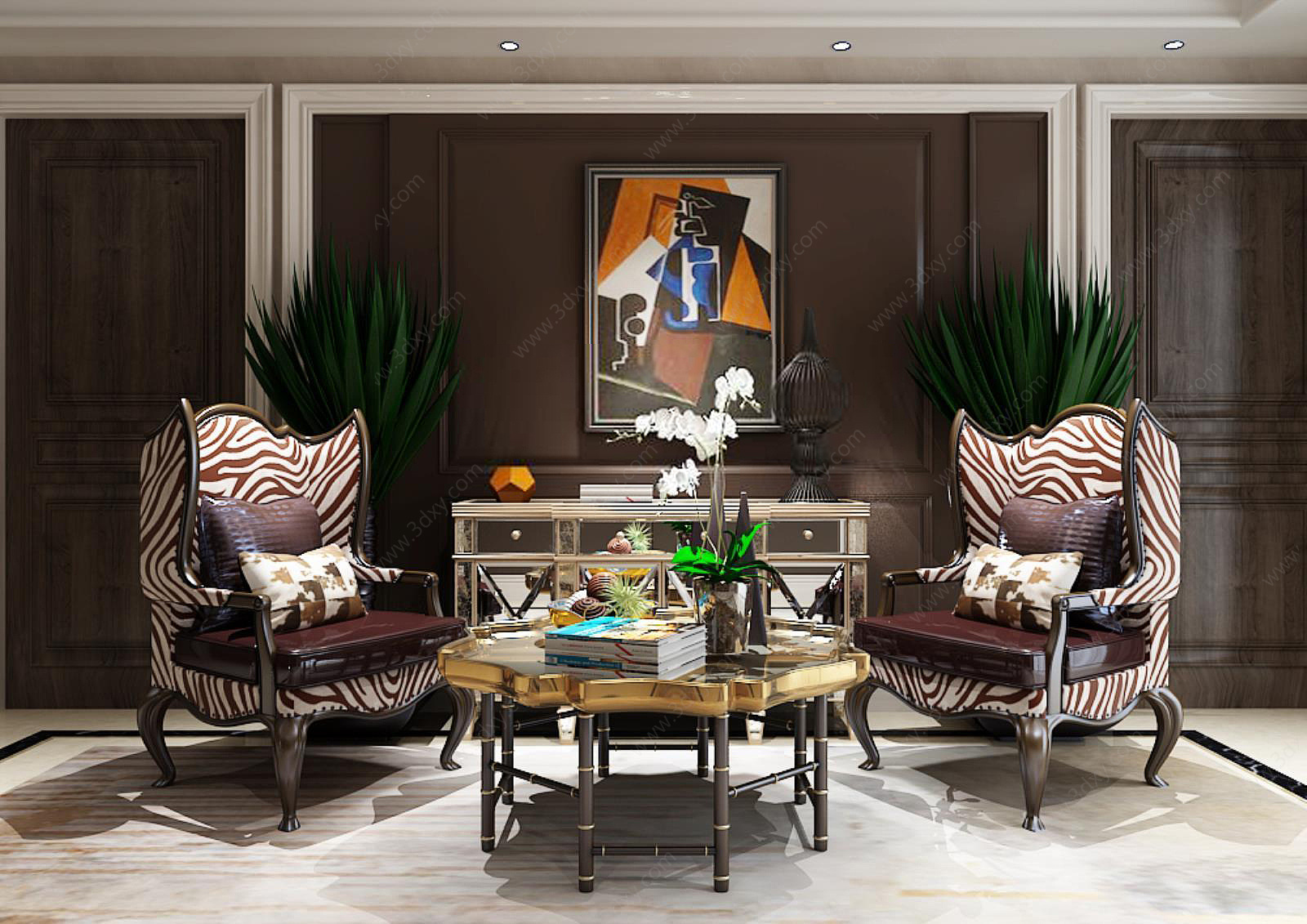 美式客厅斑马纹真皮沙发茶几组合3D模型