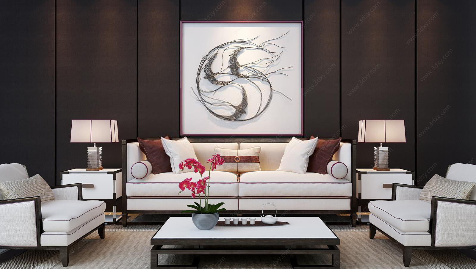 新中式米白色客厅沙发茶几组合3D模型