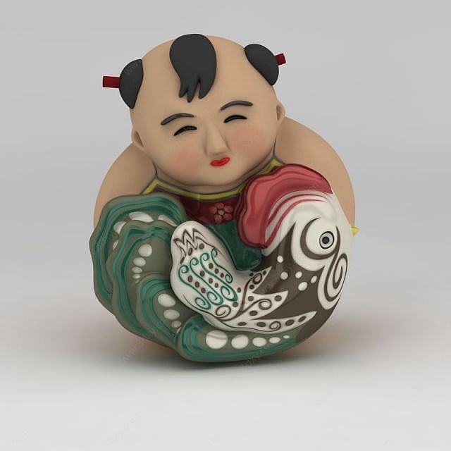 抱鸡泥瓷中国娃娃摆件3D模型