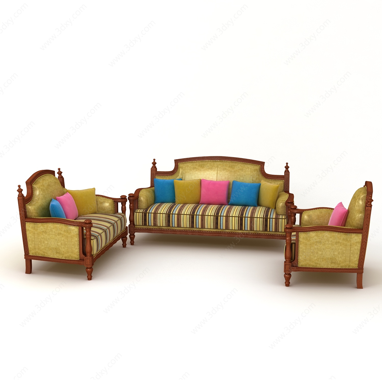 美式乡村黄色皮布沙发组合3D模型