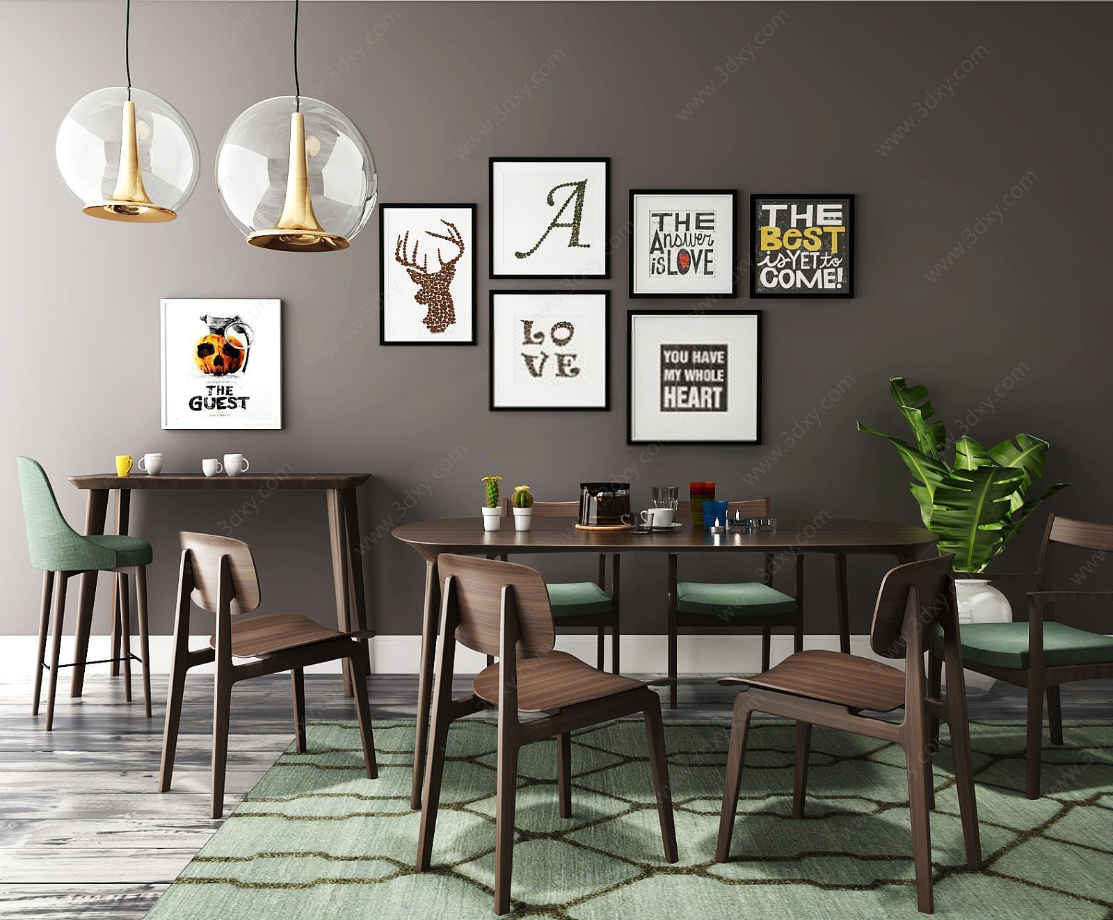 咖啡色实木餐桌椅家具组合3D模型