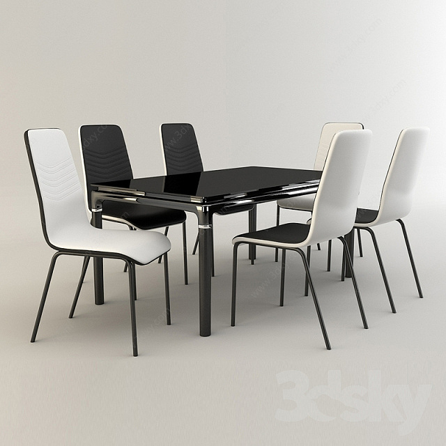 时尚黑白色餐桌椅组合3D模型