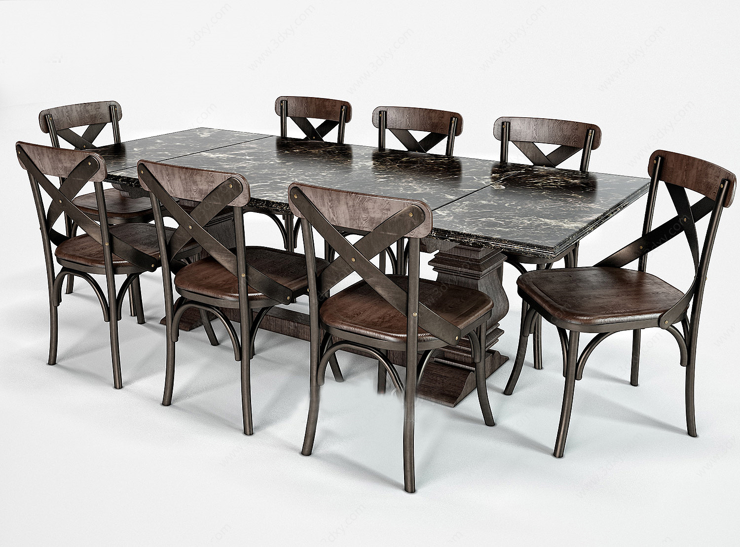 北欧咖啡色餐桌椅组合3D模型