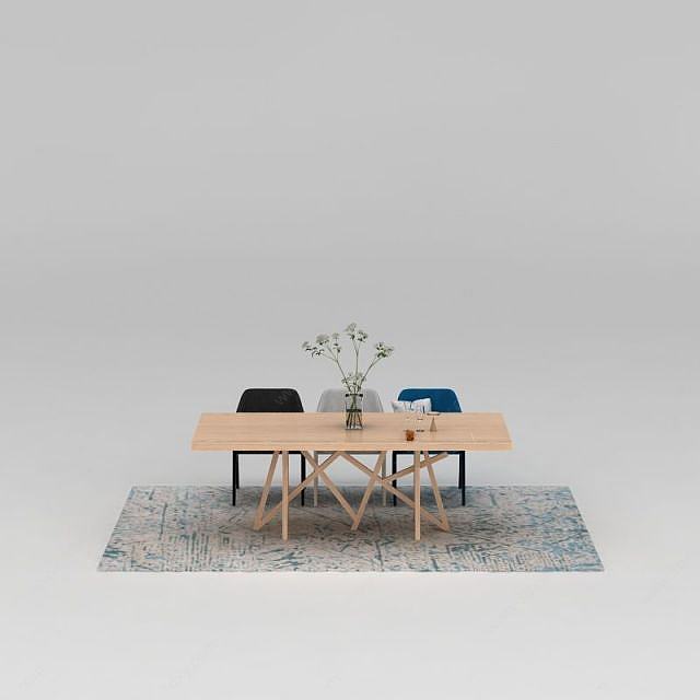 现代实木餐桌椅餐具组合3D模型