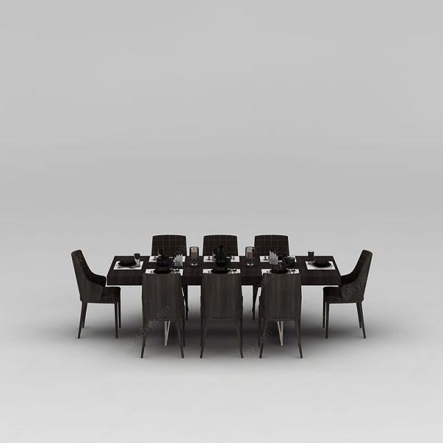 现代八人实木餐桌椅餐具组合3D模型