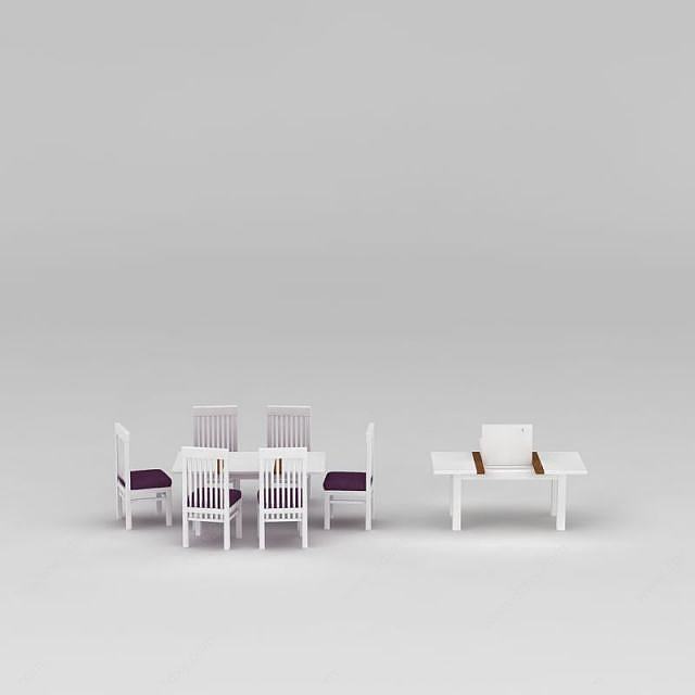 白色实木餐厅桌椅组合3D模型