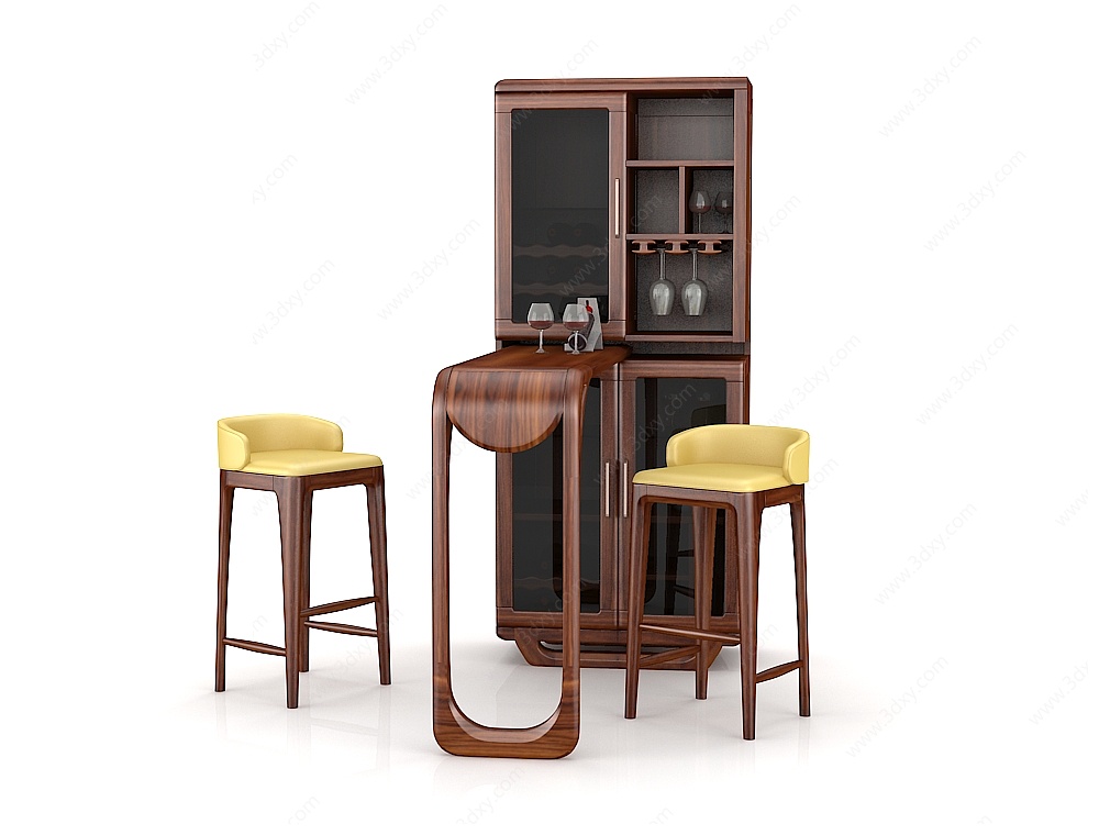 中式纯实木家装酒柜吧台3D模型