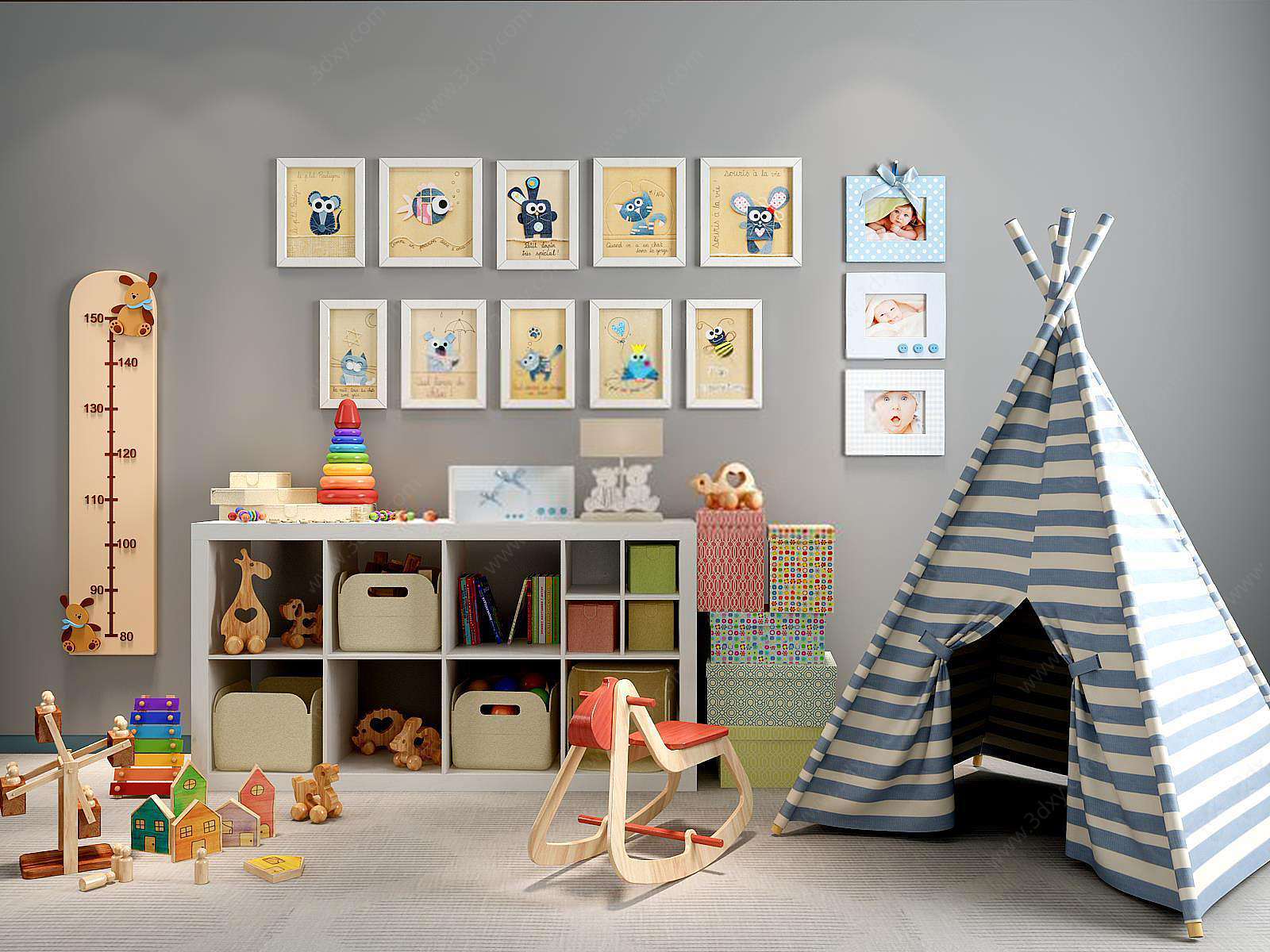 儿童房玩具储物柜相框墙组合3D模型