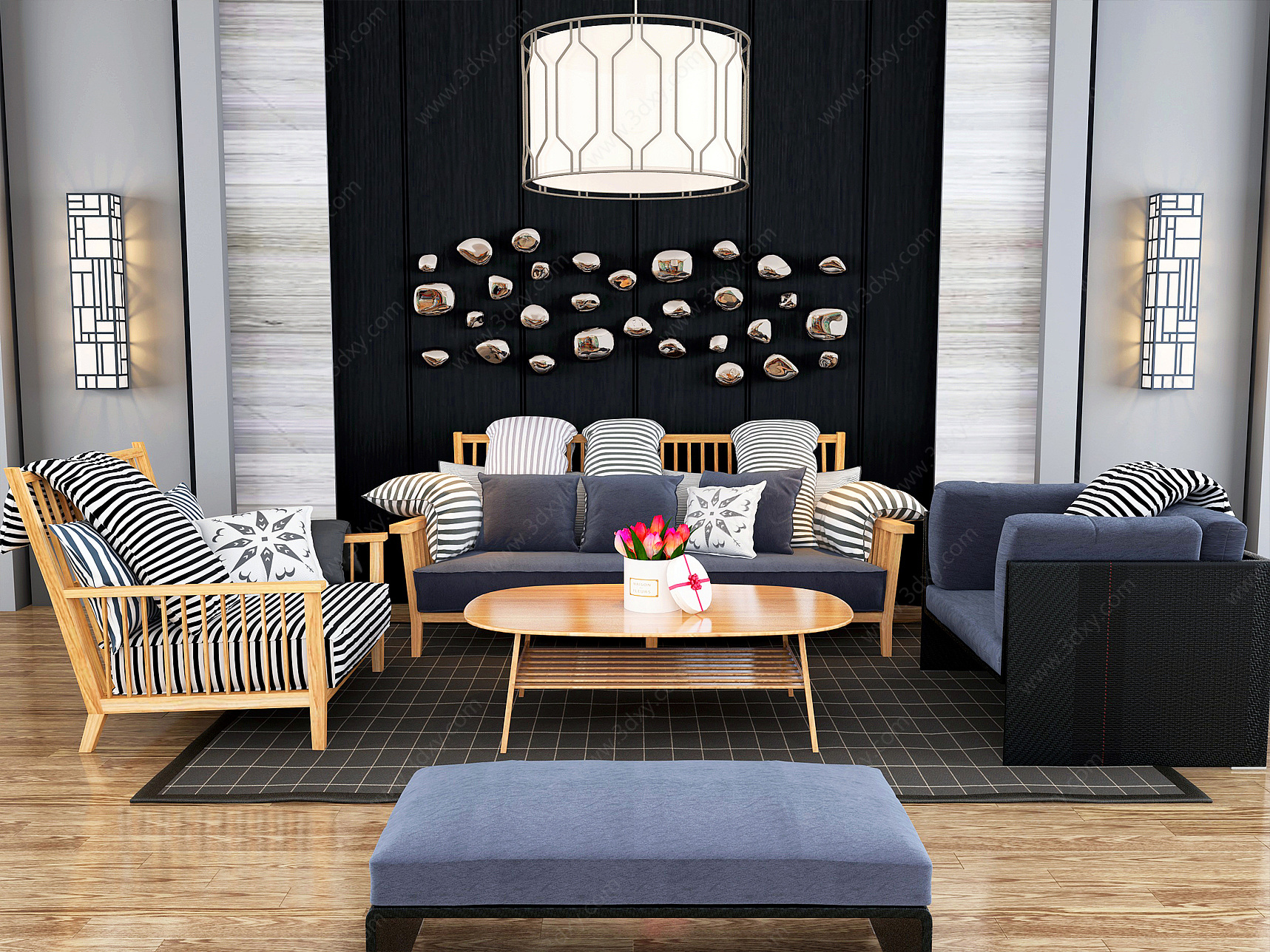 客厅沙发茶几背景墙组合3D模型