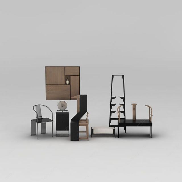 新中式客厅椅子边柜组合3D模型