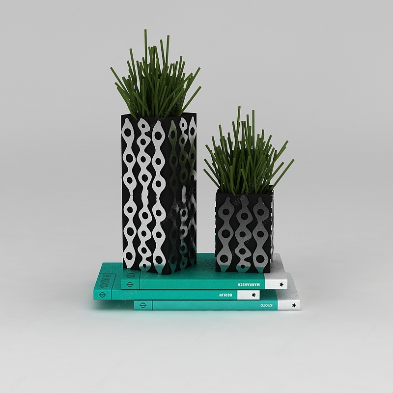办公室装饰绿植和书3D模型