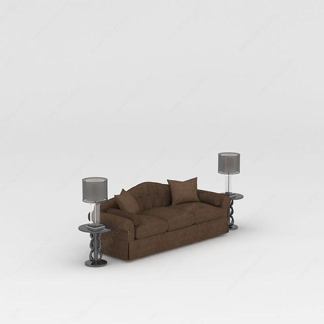 咖啡色布艺沙发边几组合3D模型