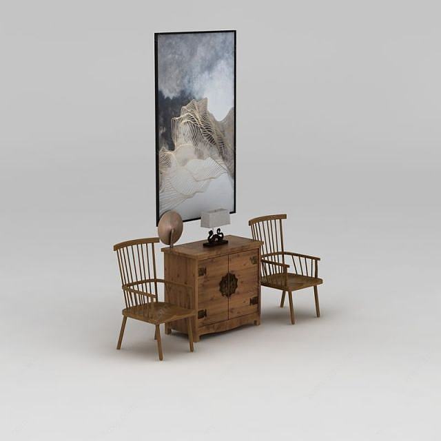中式田园椅子边柜挂画组合3D模型
