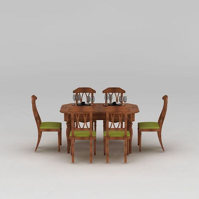 美式橡木烤漆餐桌椅组合3D模型
