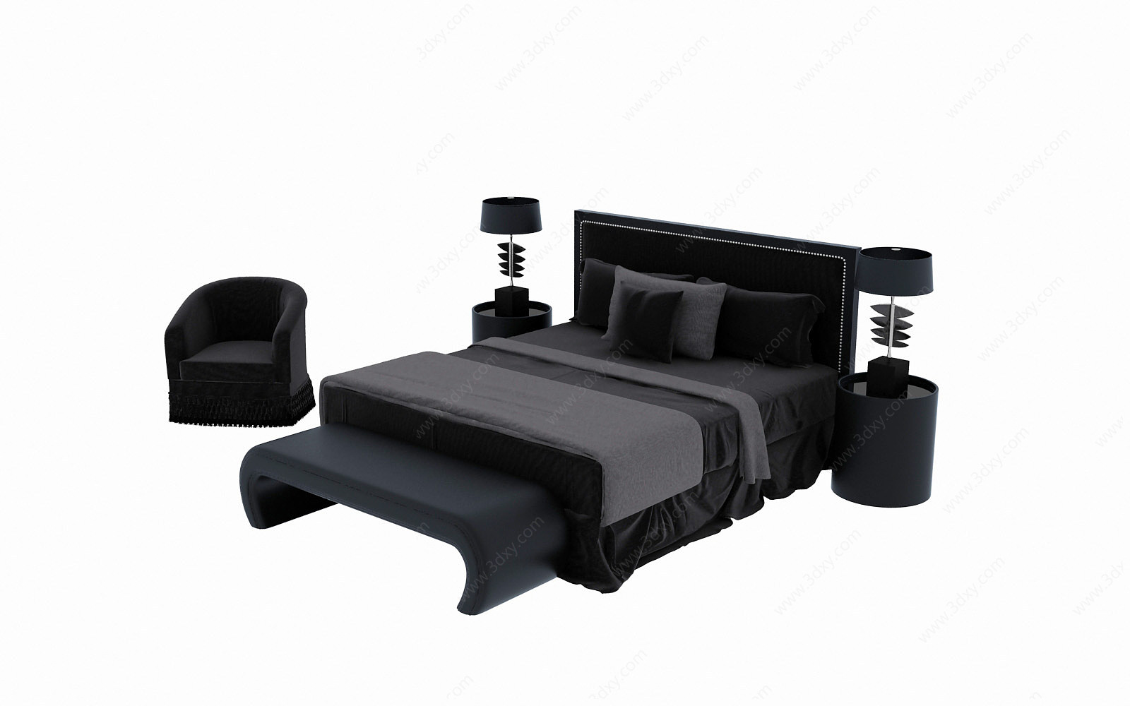 卧室深色系双人床3D模型