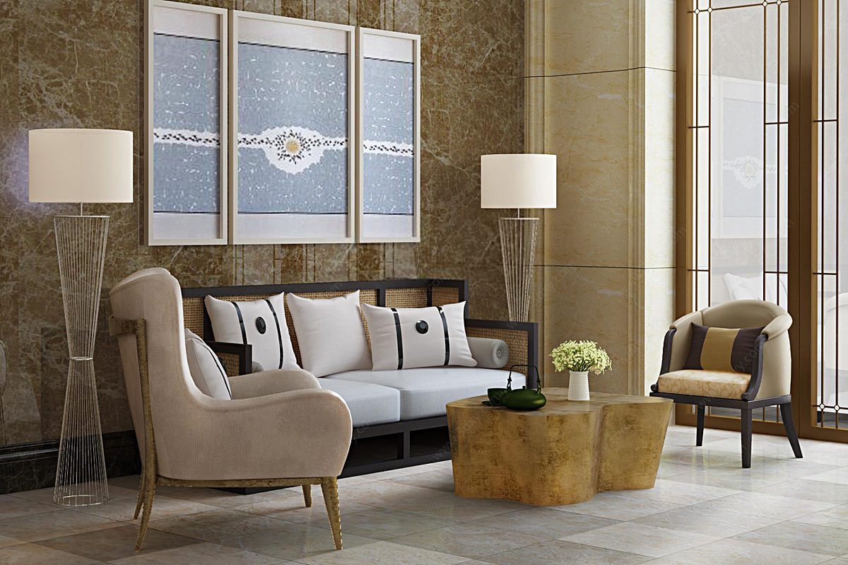 现代简约客厅沙发单椅组合3D模型