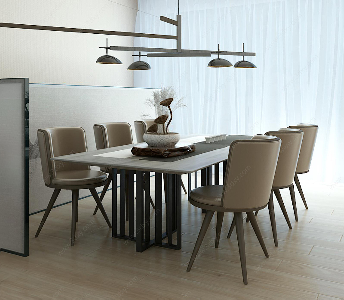 北欧现代餐桌椅吊灯组合3D模型