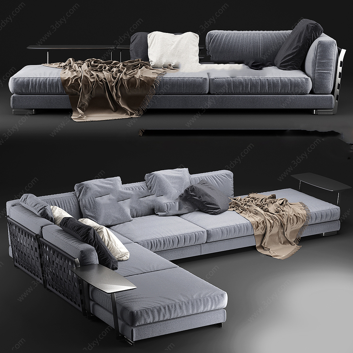 时尚灰色布艺拐角沙发3D模型
