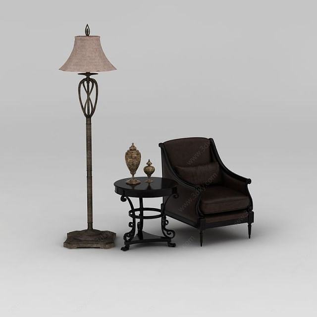 咖啡色真皮沙发茶几落地灯组合3D模型