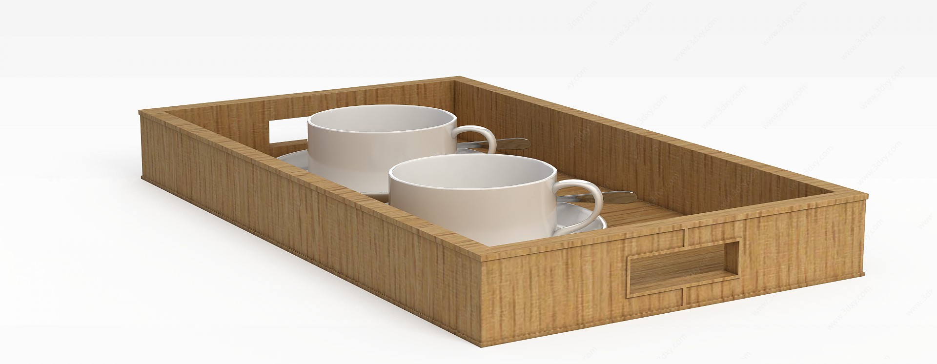 木质茶托盘和咖啡杯3D模型