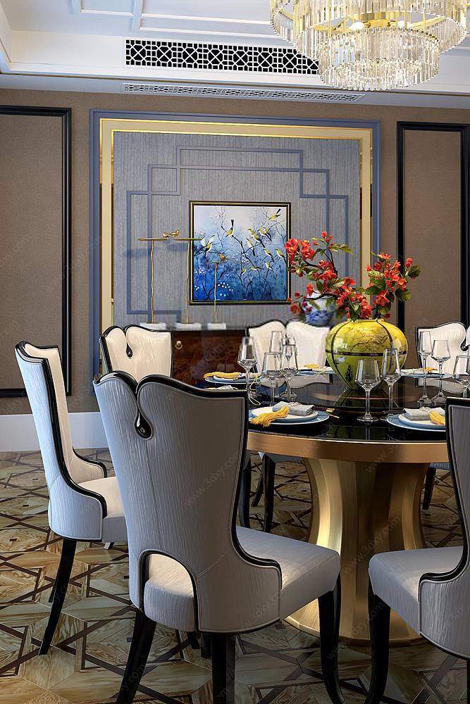 新中式餐厅餐桌椅吊灯组合3D模型