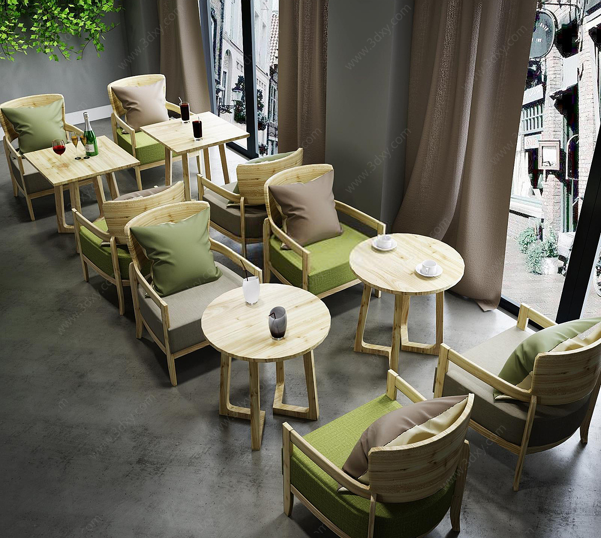 茶餐厅实木桌椅组合3D模型