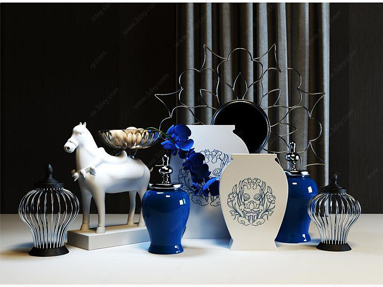 印花陶瓷瓶雕塑马摆件组合3D模型