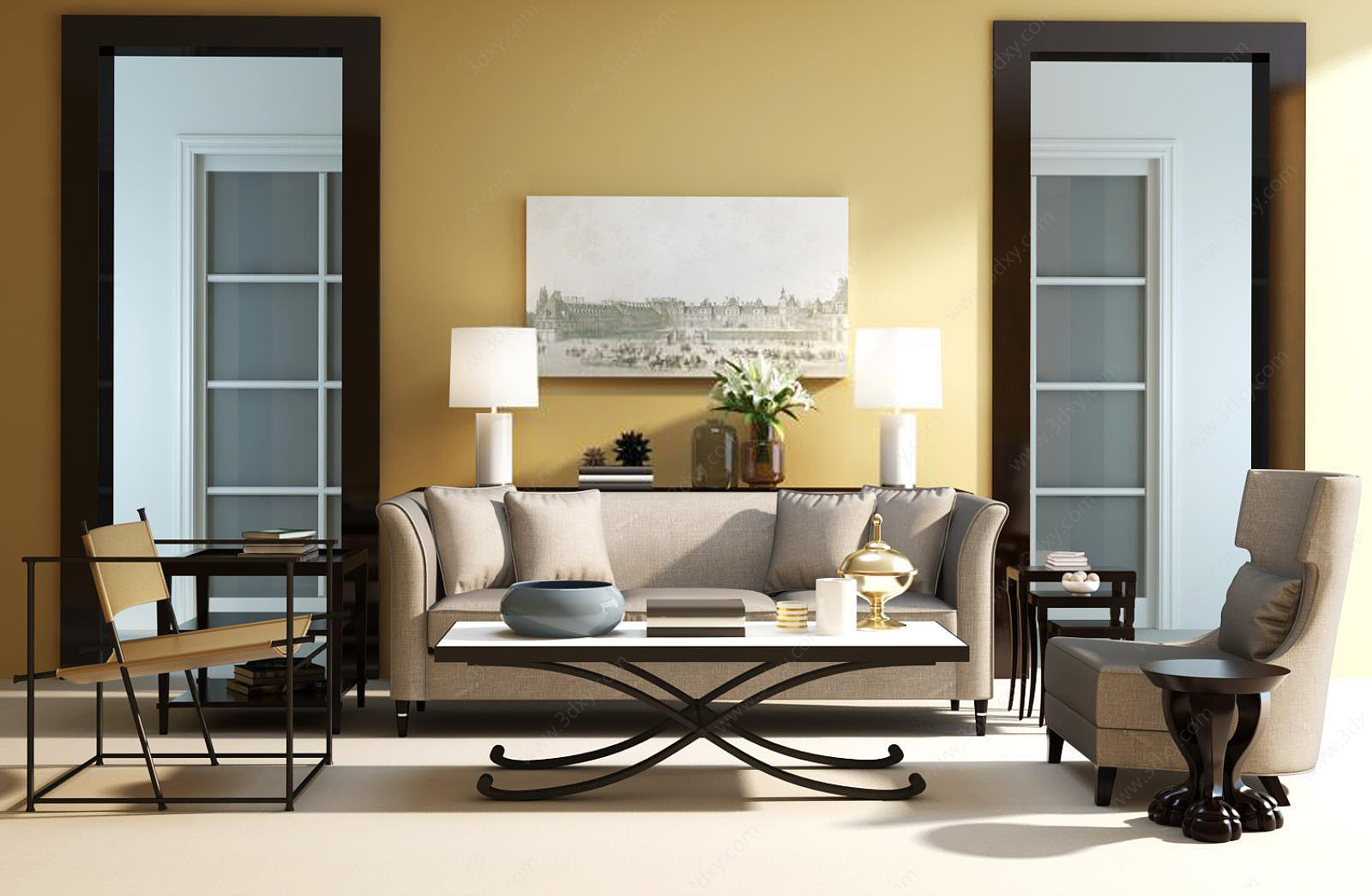 现代麻布沙发实木茶几组合3D模型