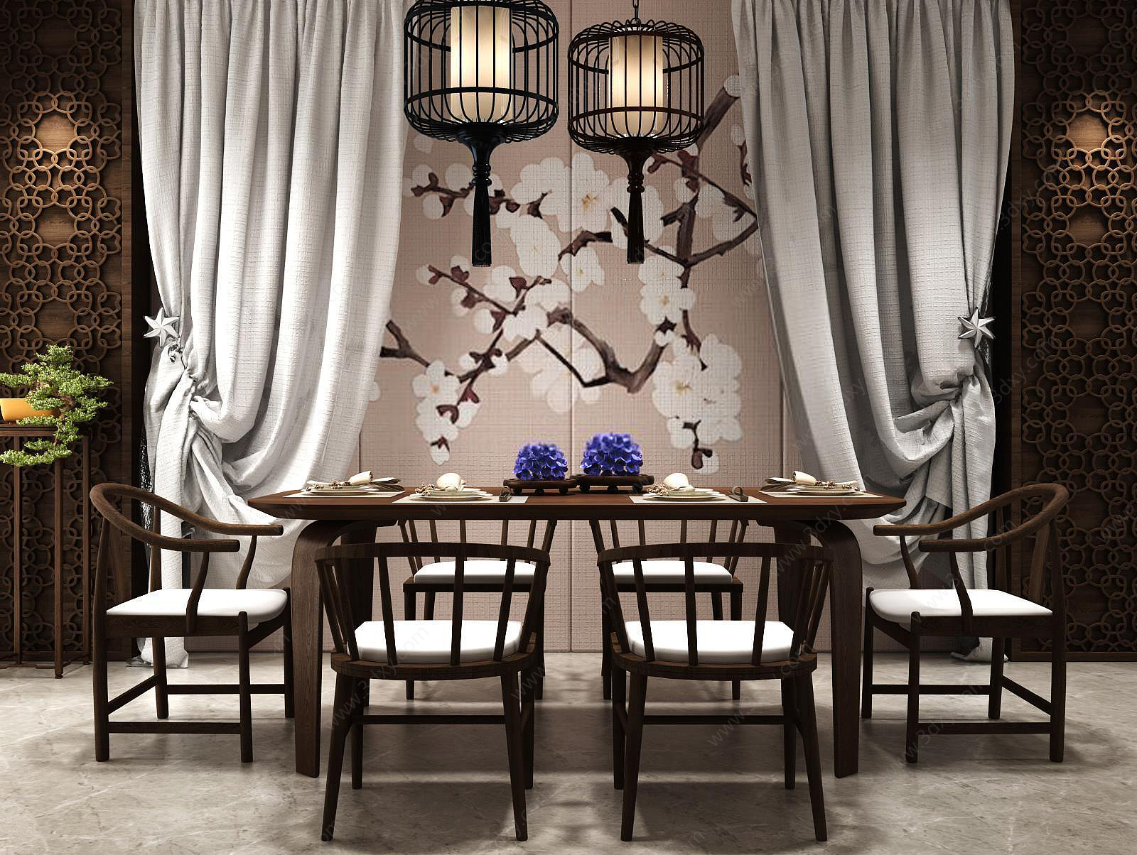 新中式餐厅桌椅鸟笼吊灯组合3D模型