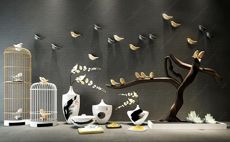 新中式花艺鸽子鸟笼饰品3D模型