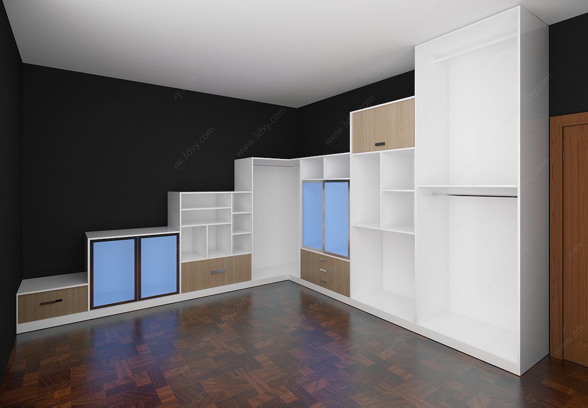 白色实木高低柜组合3D模型
