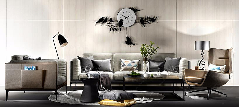 现代沙发茶几小鸟挂钟组合3D模型