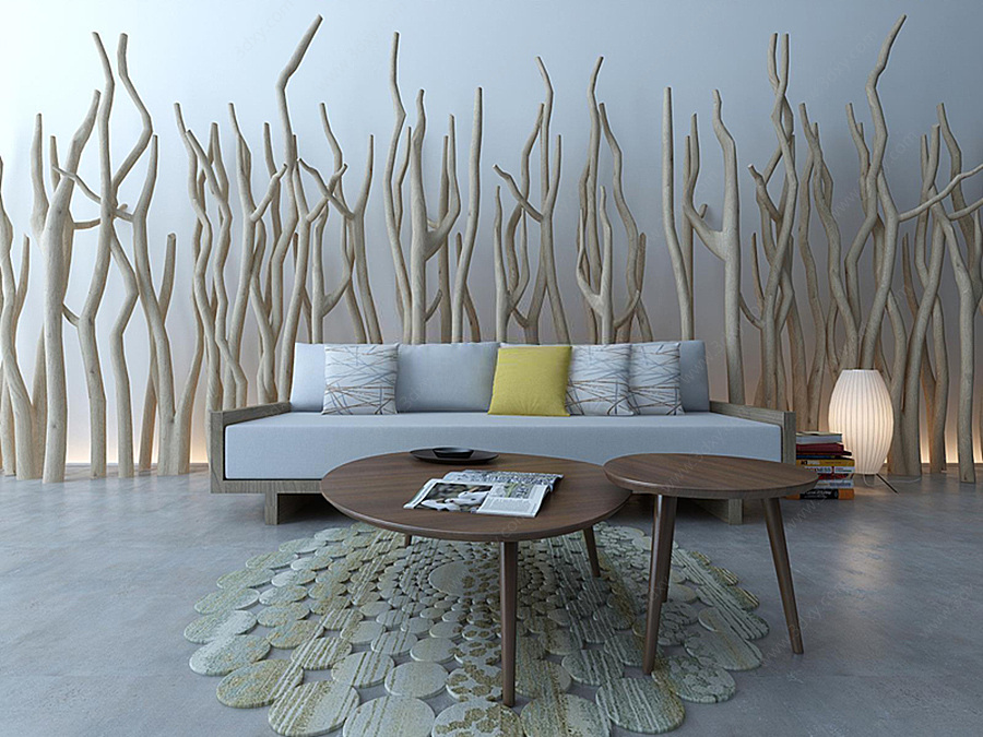 现代原木沙发茶几干枝装饰品组合3D模型