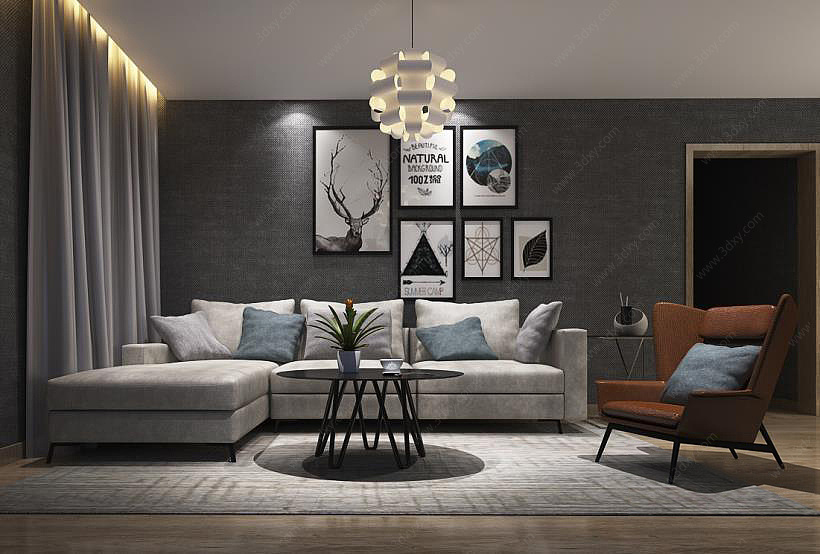 现代客厅沙发茶几创意吊灯组合3D模型