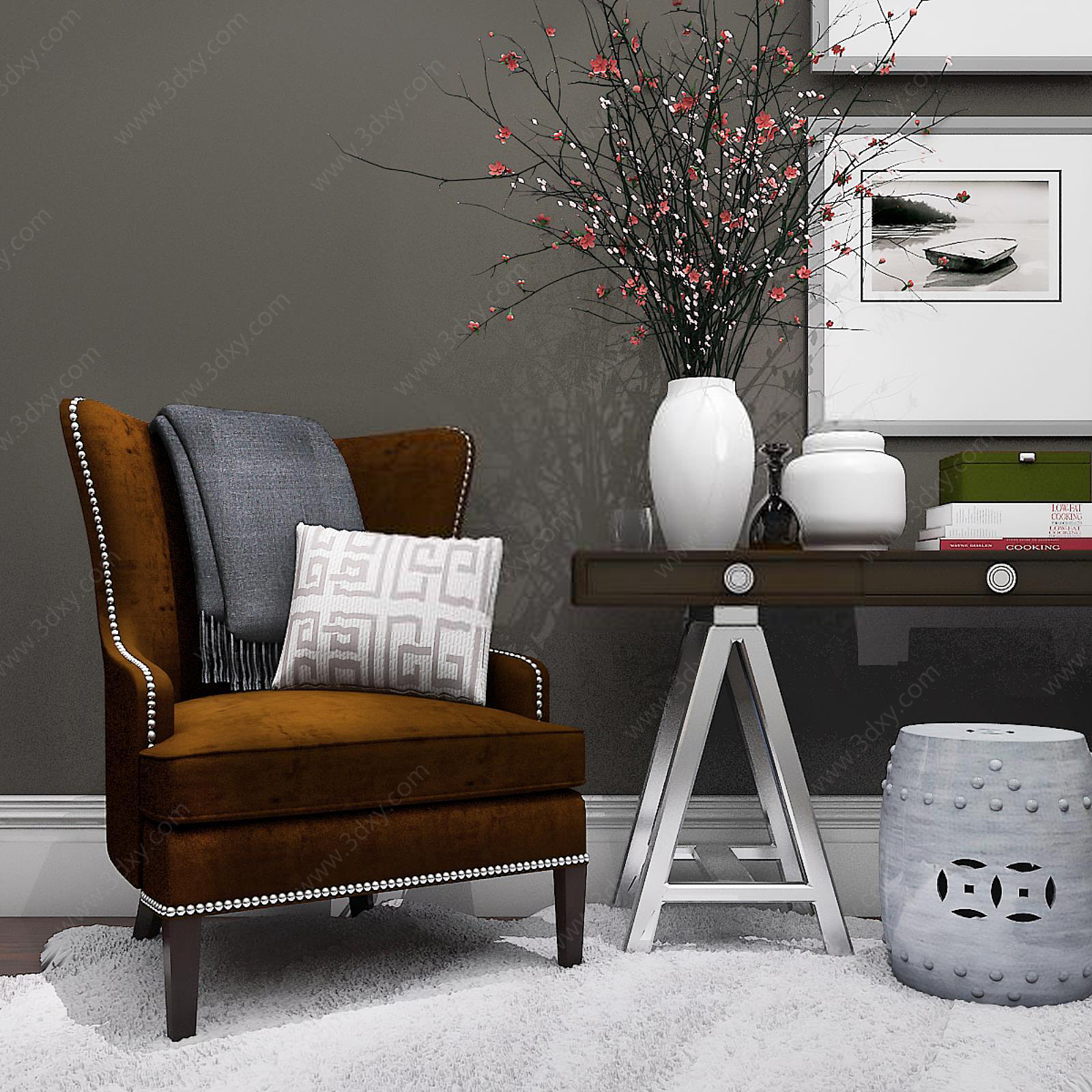 深棕色铆钉沙发椅花艺装饰品组合3D模型
