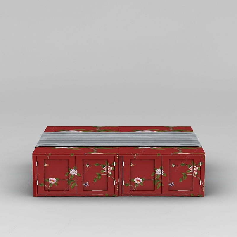 中式红色牡丹花柜子3D模型