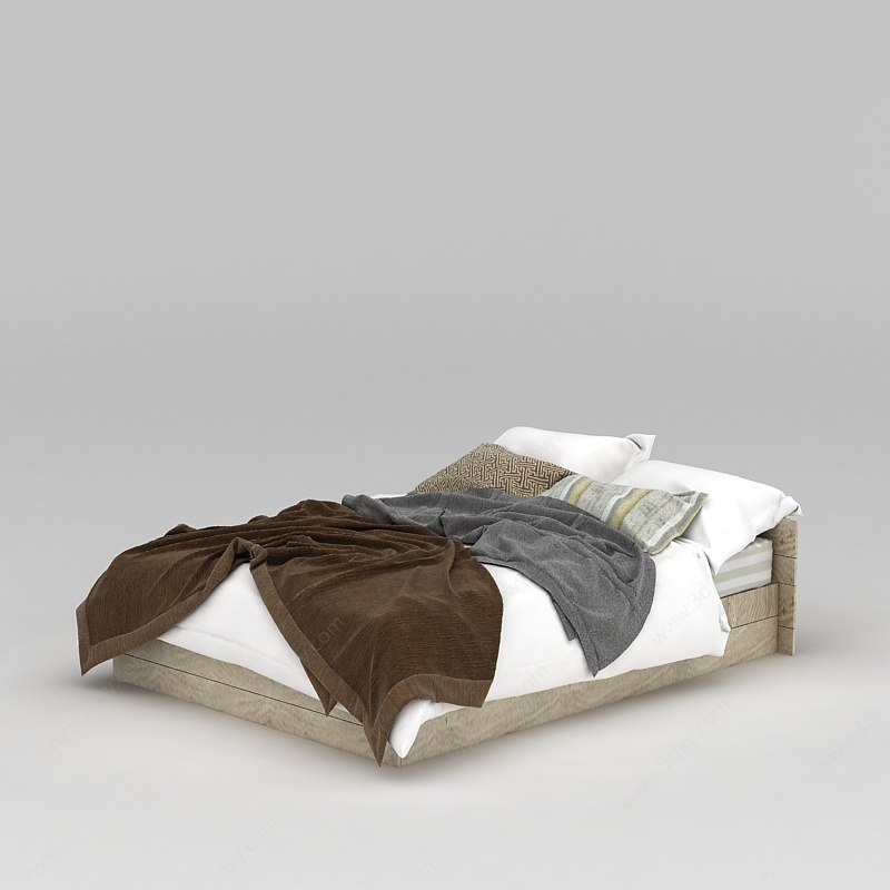 简约原木双人床3D模型