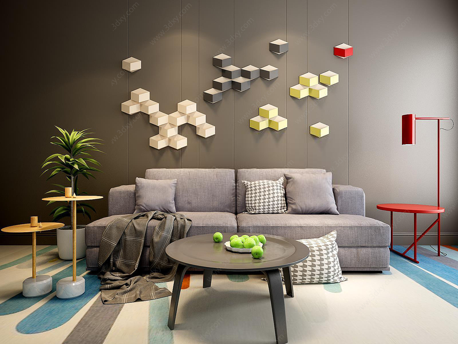 现代灰色布艺沙发茶几组合3D模型