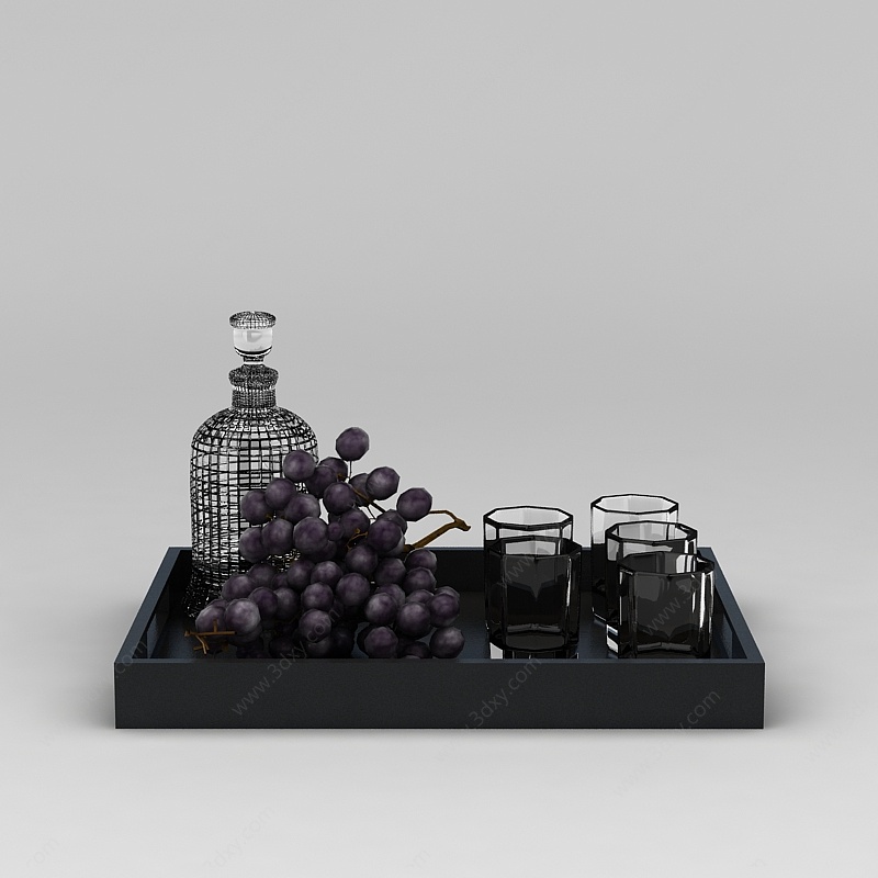 玻璃酒瓶酒杯和葡萄3D模型