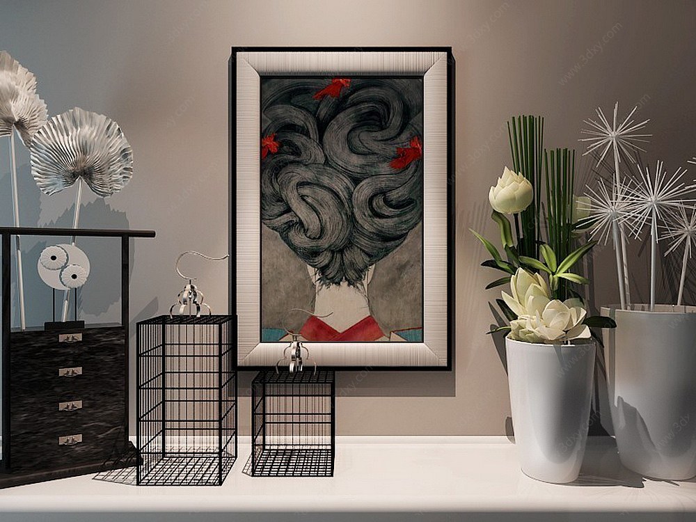 日式挂画鸟笼花瓶3D模型