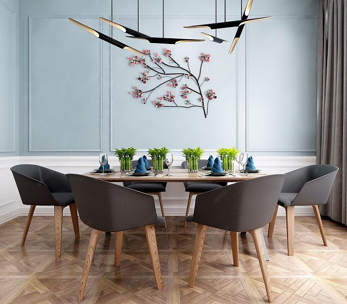 现代北欧餐桌椅富贵竹盆景组合3D模型